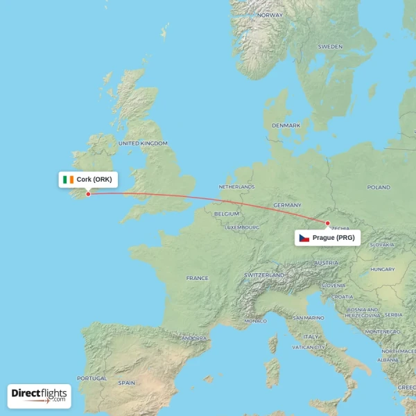 Prague - Cork direct flight map