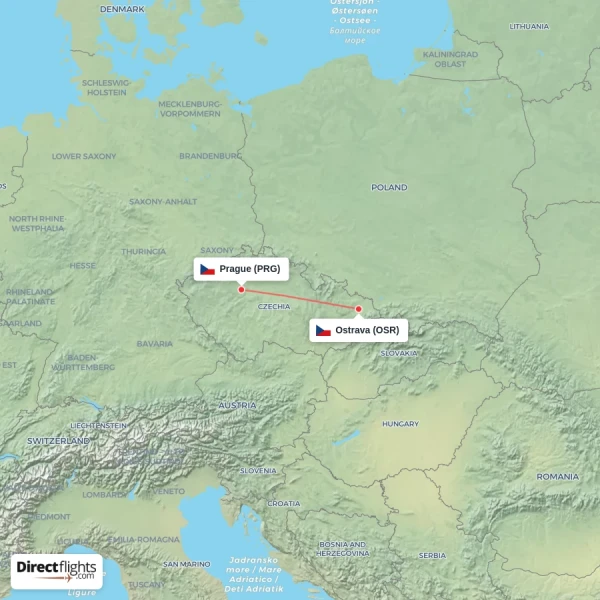 Prague - Ostrava direct flight map