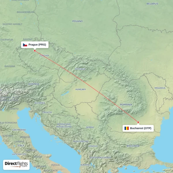Prague - Bucharest direct flight map