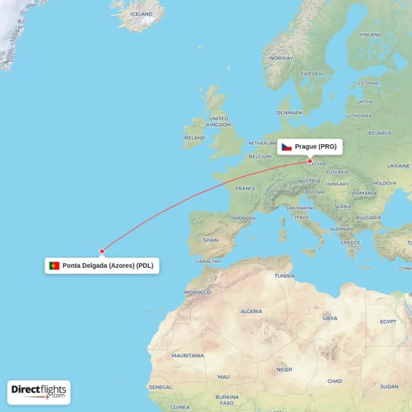 Prague - Ponta Delgada (Azores) direct flight map