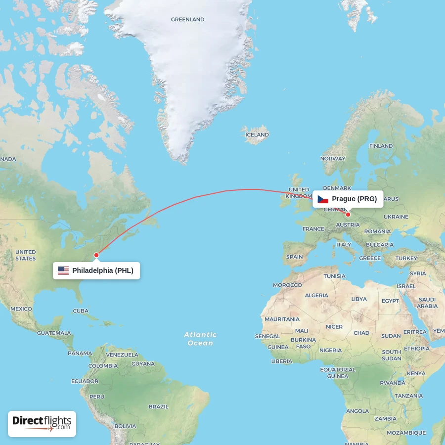 PRG - PHL route map