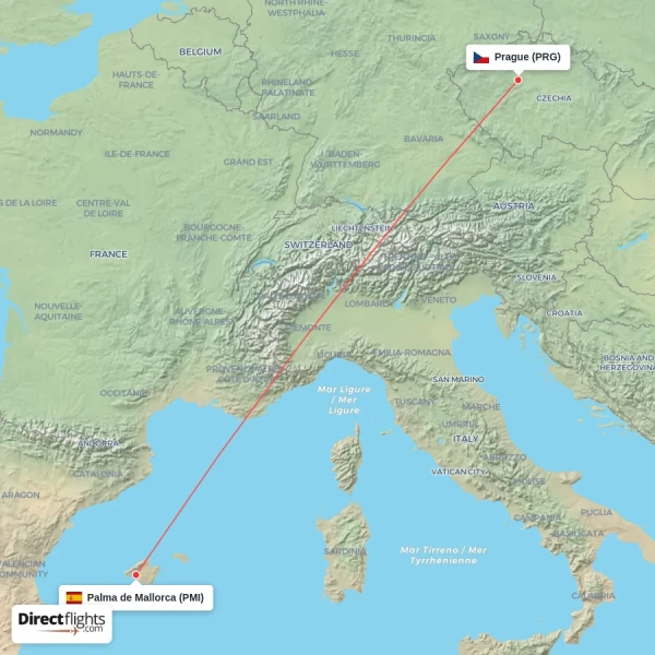 Prague - Palma de Mallorca direct flight map