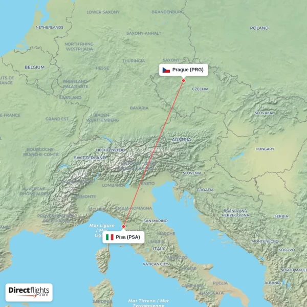 Prague - Pisa direct flight map