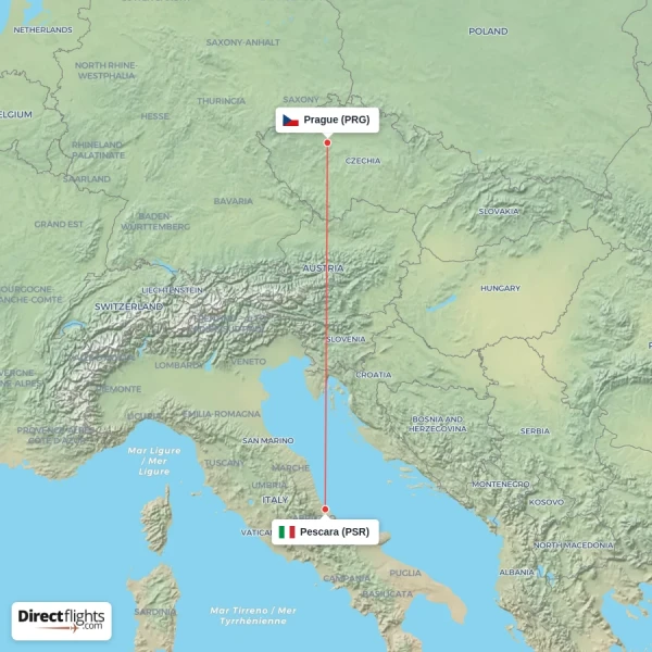 Prague - Pescara direct flight map