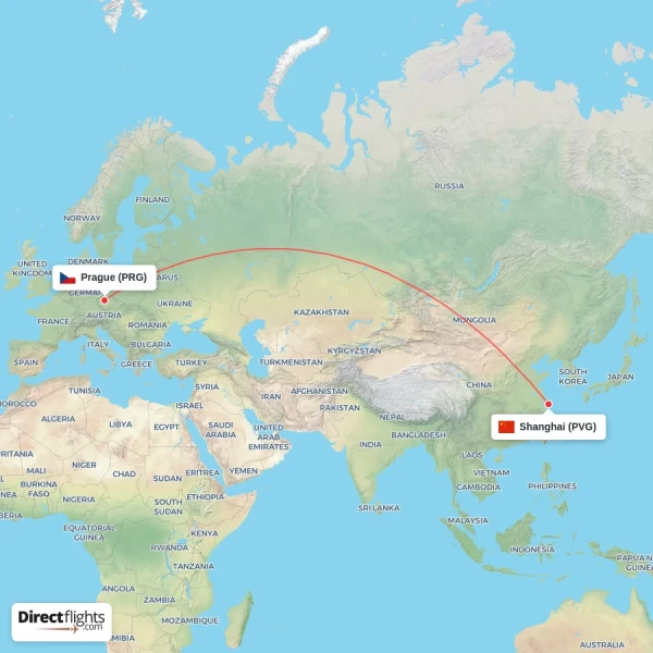Prague - Shanghai direct flight map