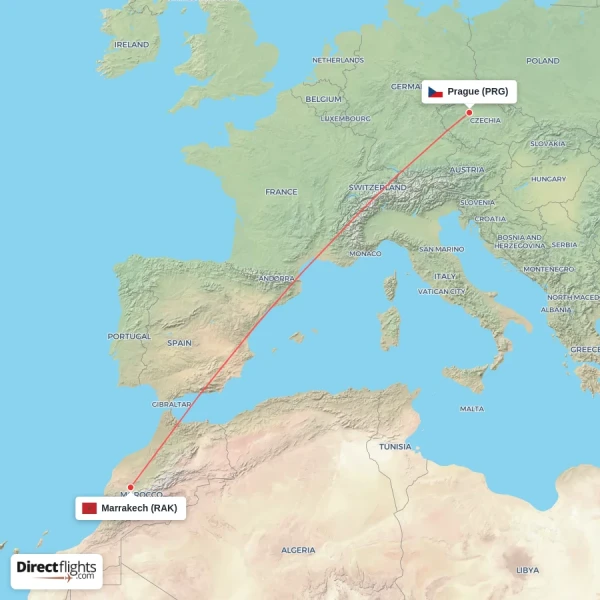 Prague - Marrakech direct flight map