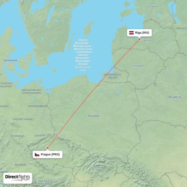 Prague - Riga direct flight map