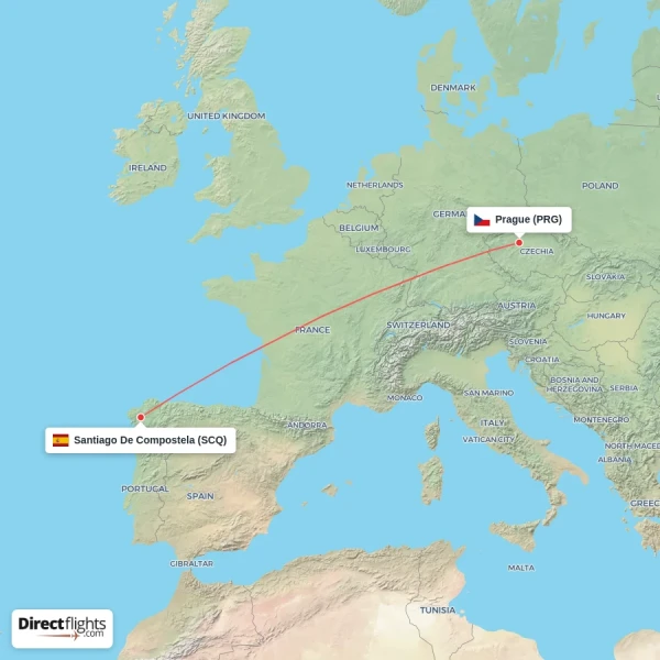 Prague - Santiago De Compostela direct flight map