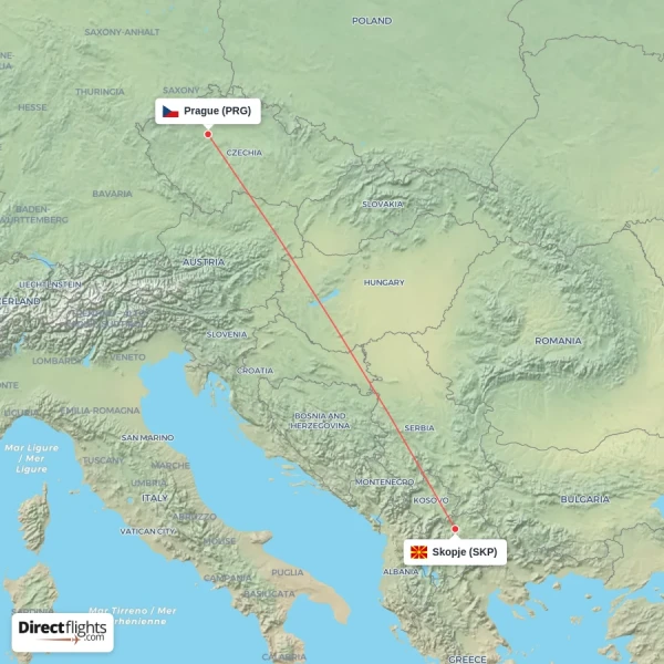 Prague - Skopje direct flight map
