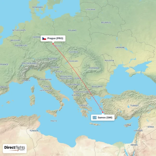 Prague - Samos direct flight map