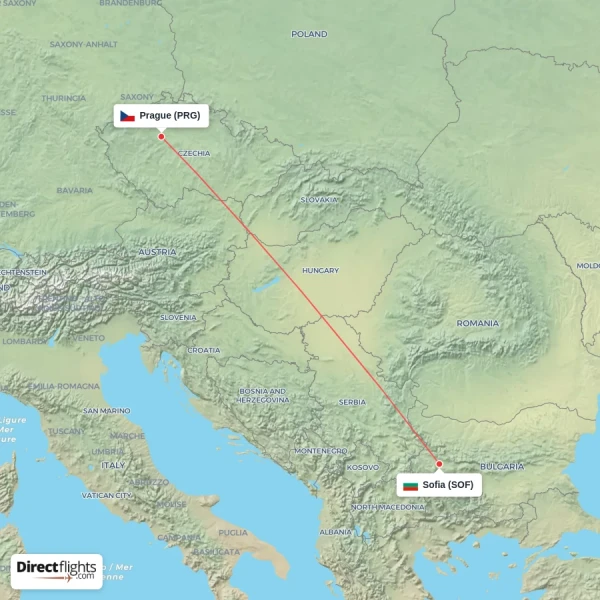 Prague - Sofia direct flight map