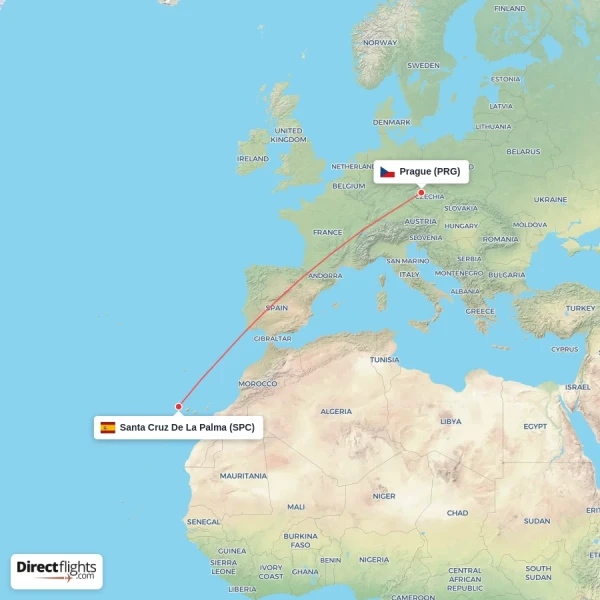 Prague - Santa Cruz De La Palma direct flight map
