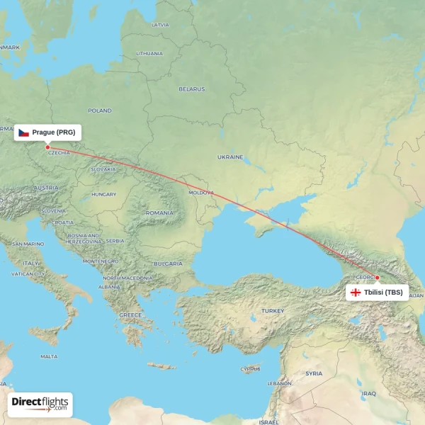 Prague - Tbilisi direct flight map