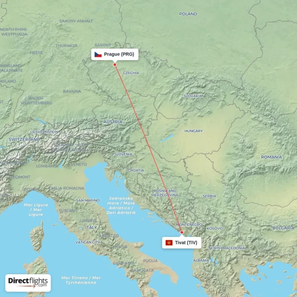 Prague - Tivat direct flight map