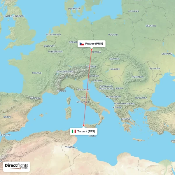 Prague - Trapani direct flight map