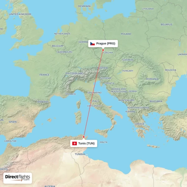 Prague - Tunis direct flight map