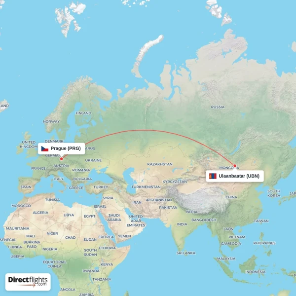 Prague - Ulaanbaatar direct flight map