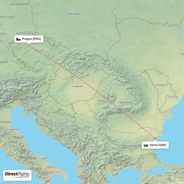 Prague - Varna direct flight map