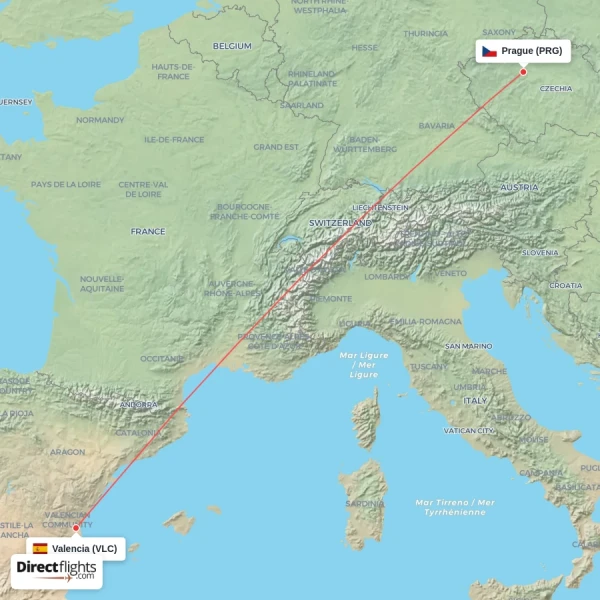 Prague - Valencia direct flight map