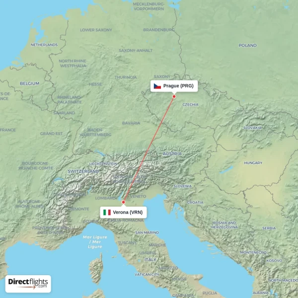 Prague - Verona direct flight map