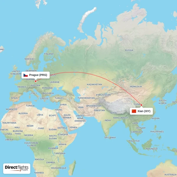 Prague - Xian direct flight map