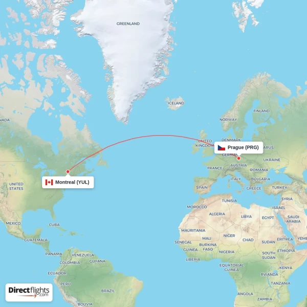 Prague - Montreal direct flight map
