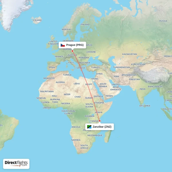 Prague - Zanzibar direct flight map