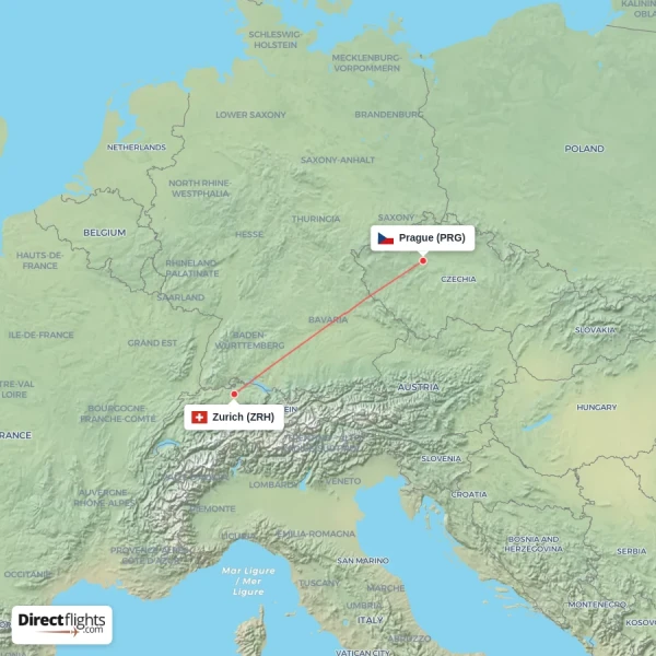 Prague - Zurich direct flight map