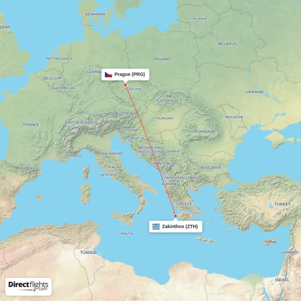 Prague - Zakinthos direct flight map
