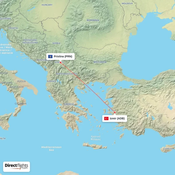 Pristina - Izmir direct flight map