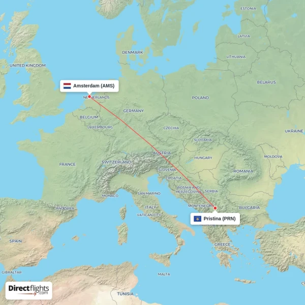 Pristina - Amsterdam direct flight map