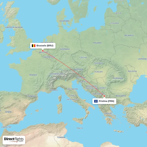 Pristina - Brussels direct flight map