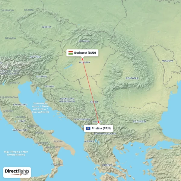 Pristina - Budapest direct flight map