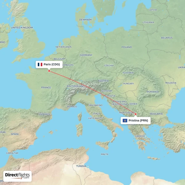 Pristina - Paris direct flight map