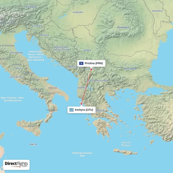 Pristina - Kerkyra direct flight map