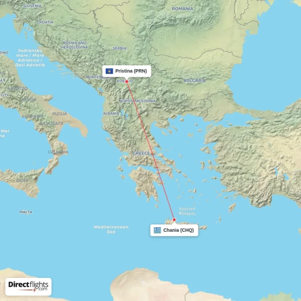 Pristina - Chania direct flight map