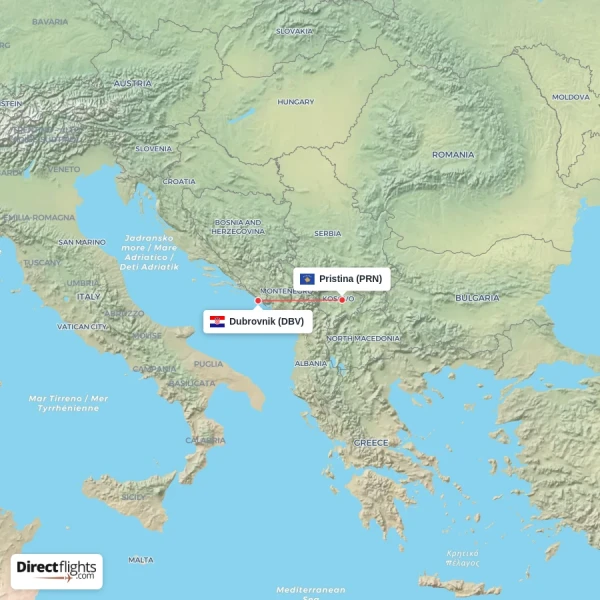 Pristina - Dubrovnik direct flight map