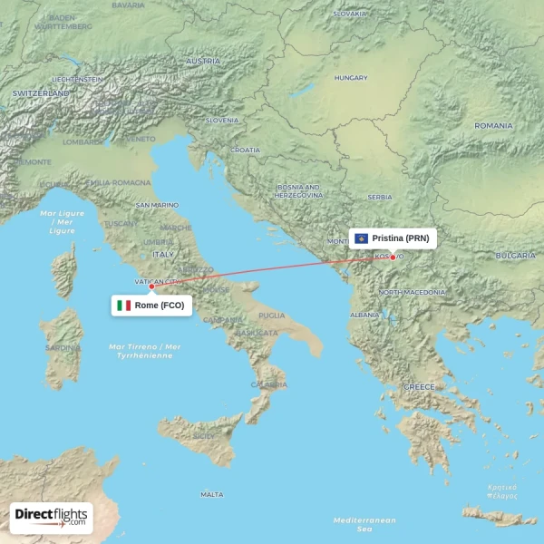 Pristina - Rome direct flight map