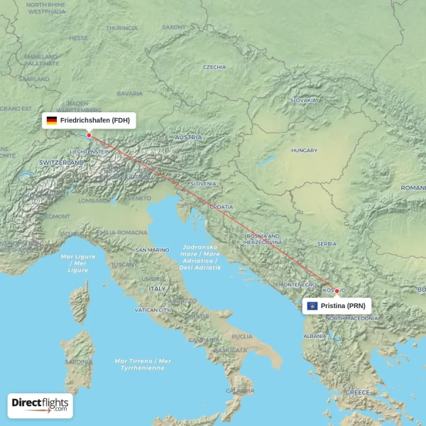 Pristina - Friedrichshafen direct flight map