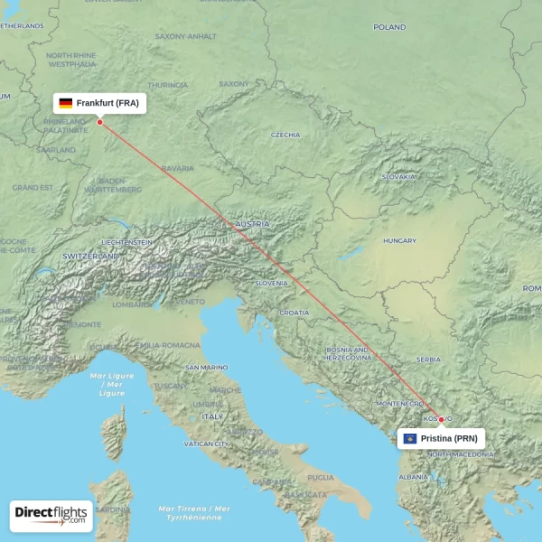 Pristina - Frankfurt direct flight map