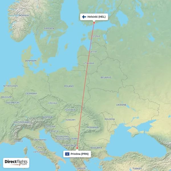 Pristina - Helsinki direct flight map