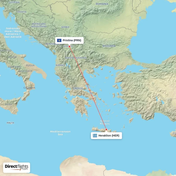 Pristina - Heraklion direct flight map