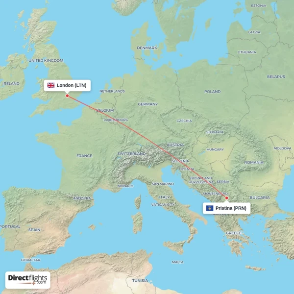 Pristina - London direct flight map