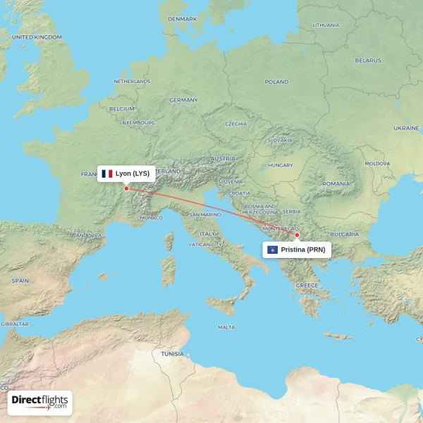 Pristina - Lyon direct flight map