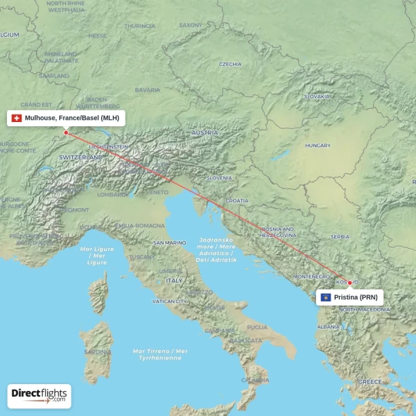 Pristina - Mulhouse, France/Basel direct flight map