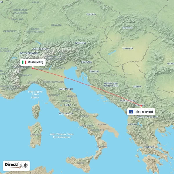 Pristina - Milan direct flight map
