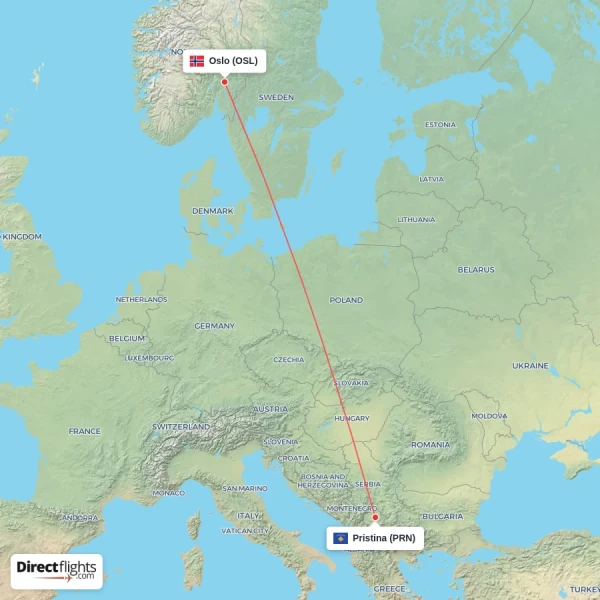 Pristina - Oslo direct flight map