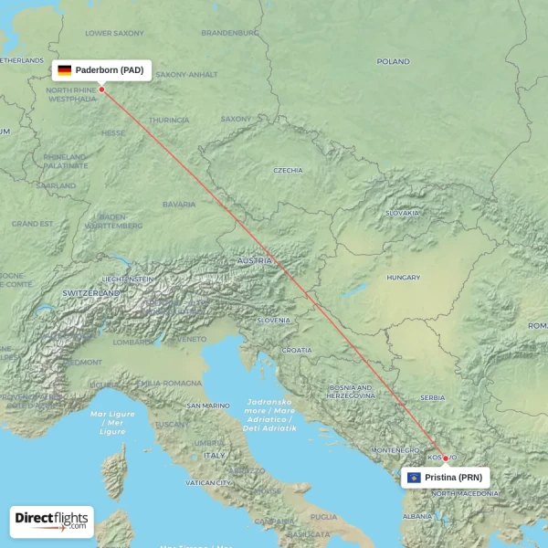 Pristina - Paderborn direct flight map