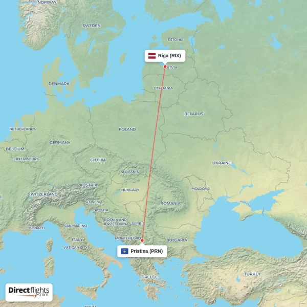 Pristina - Riga direct flight map