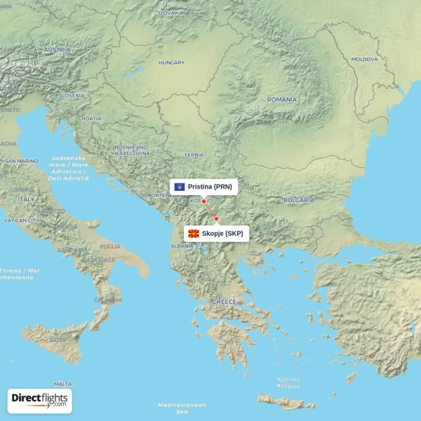 Pristina - Skopje direct flight map